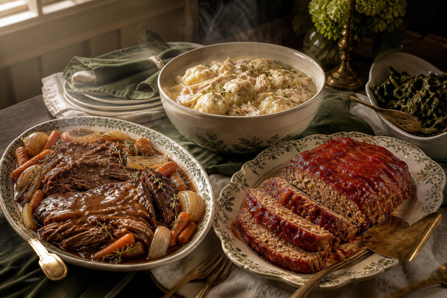 Shorty's pot roast, meatloaf, and chicken with dumplings